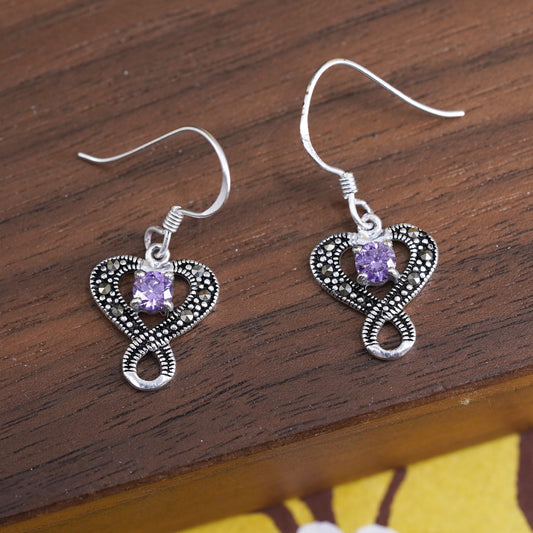 Vintage sterling 925 silver handmade heart earrings with amethyst and marcasite