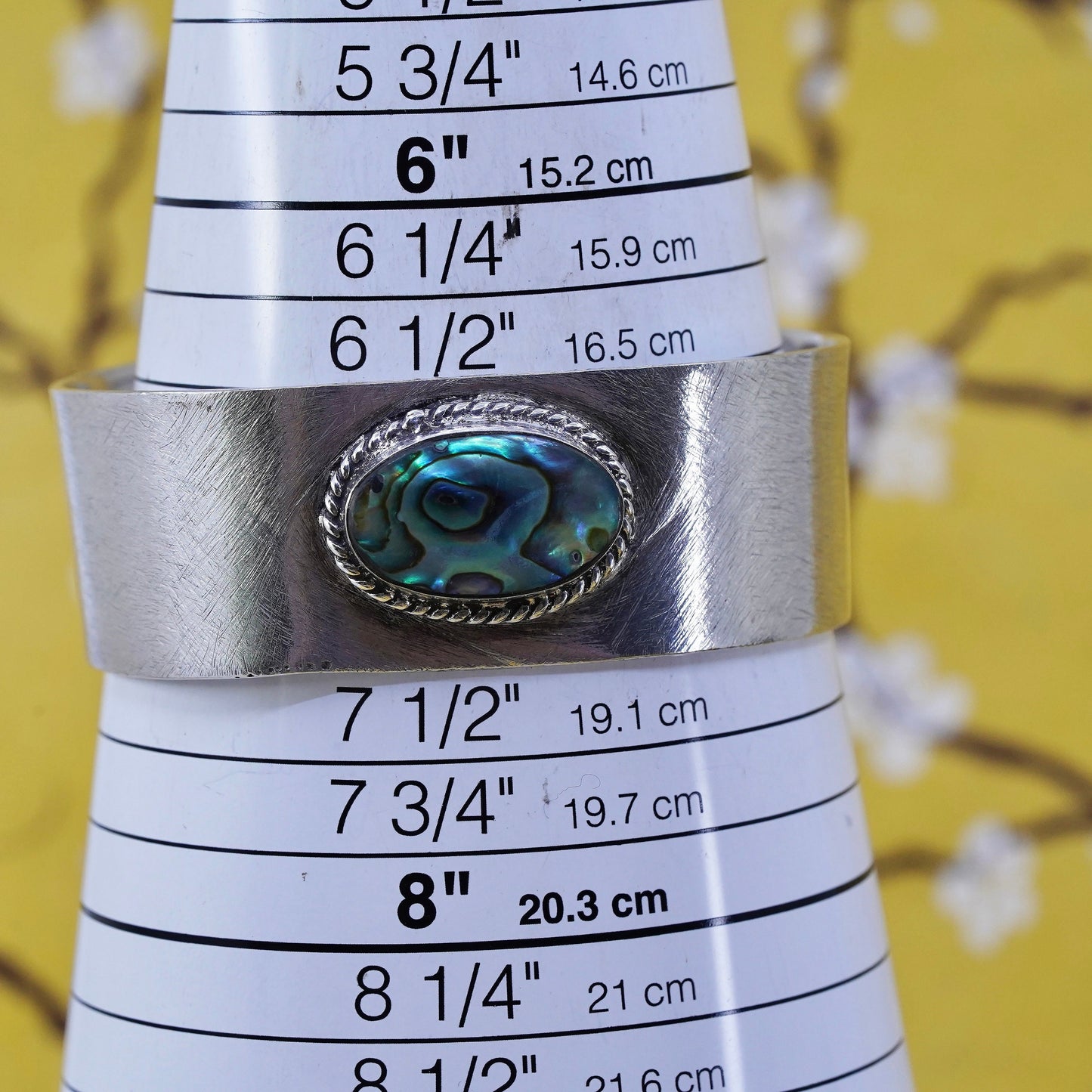 southwestern Sterling 925 silver handmade wide cuff bracelet with oval abalone