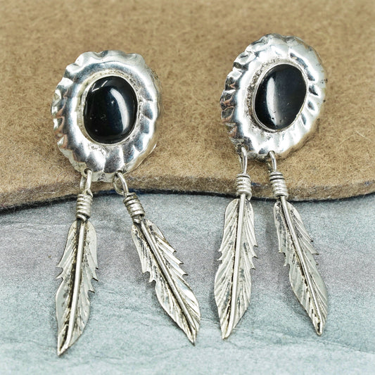 vintage Sterling silver earrings, 925 oval studs with onyx feather dangles