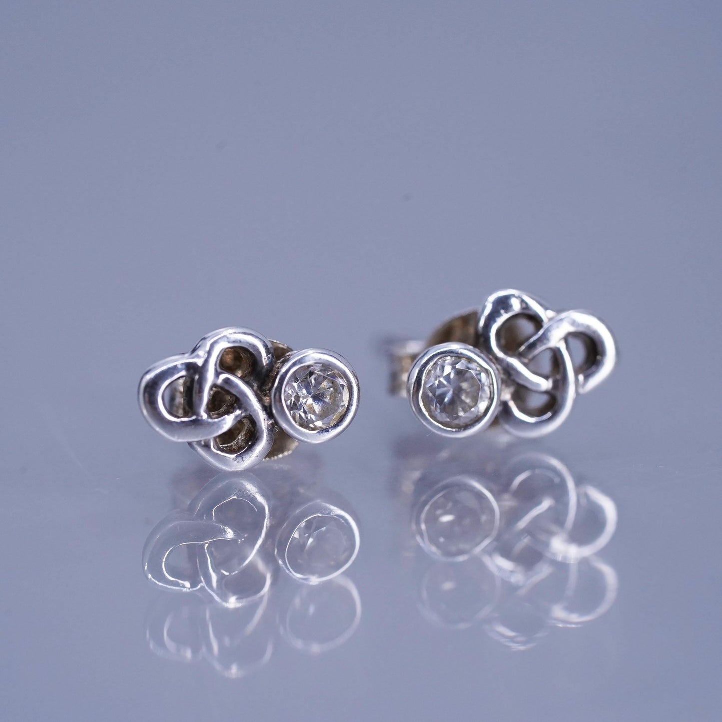 Vintage Sterling 925 silver handmade earrings, Irish Celtic knot studs with cz