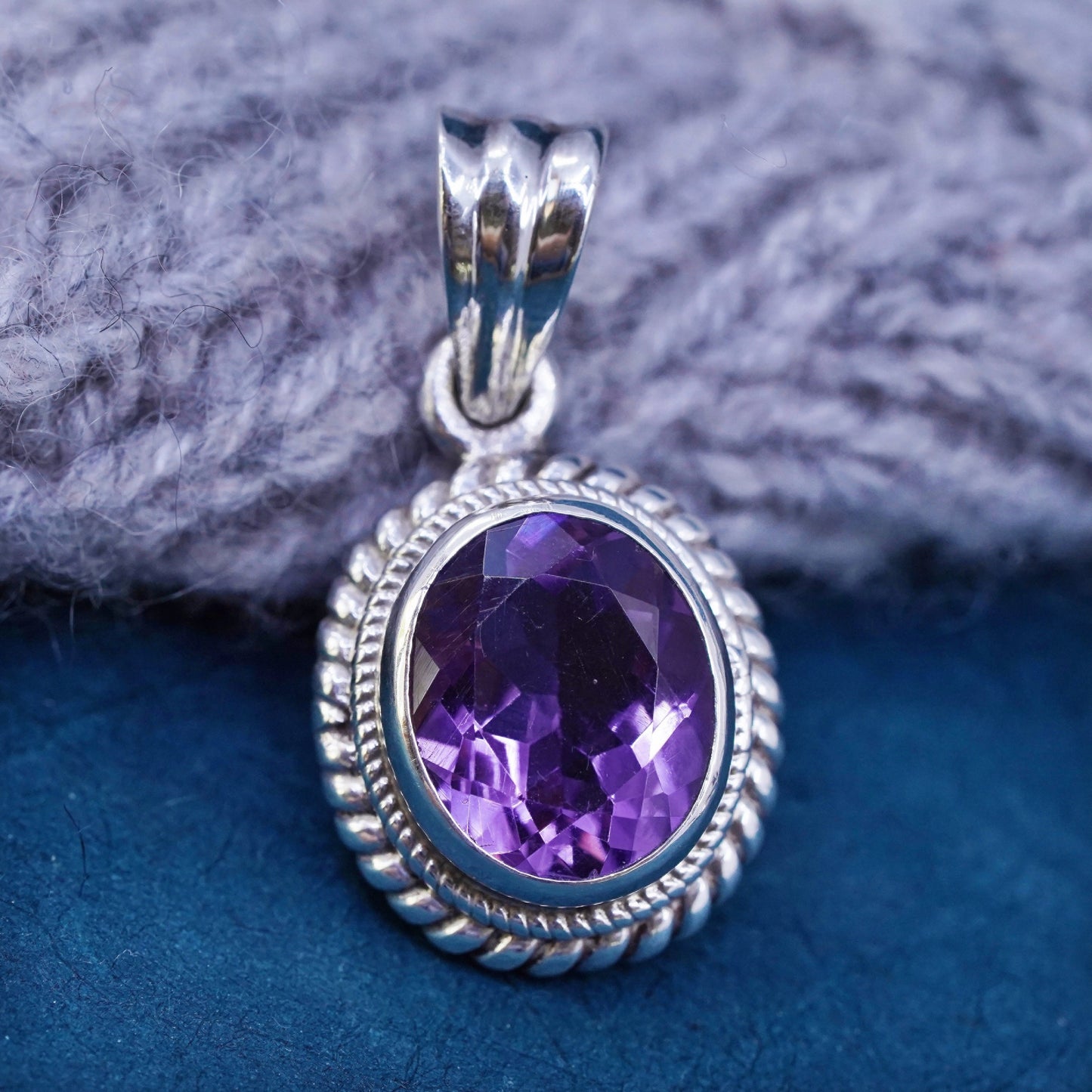 Vintage sterling 925 silver handmade pendant with amethyst and cz