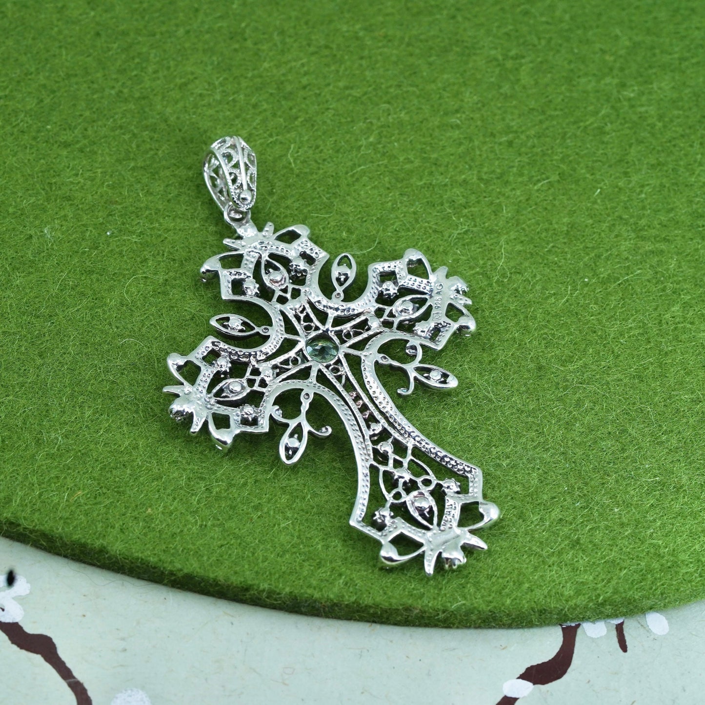 vtg sterling silver pendant, huge 925 filigree cross handmade pendant with Cz