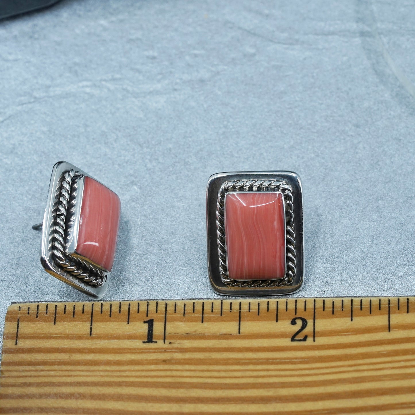 Vintage Mexican Sterling 925 silver earrings, rectangular studs with orange jasper