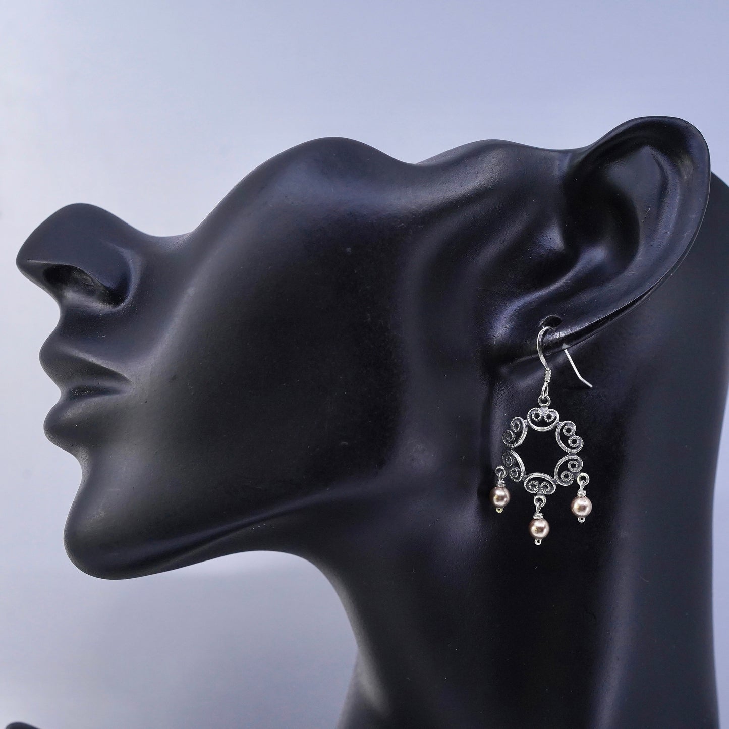 Vintage Sterling 925 silver handmade filigree earrings with pearl