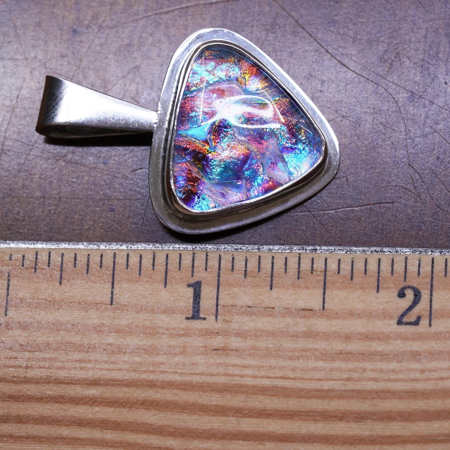 Vintage sterling silver with handmade triangular dichroic foiled glass pendant