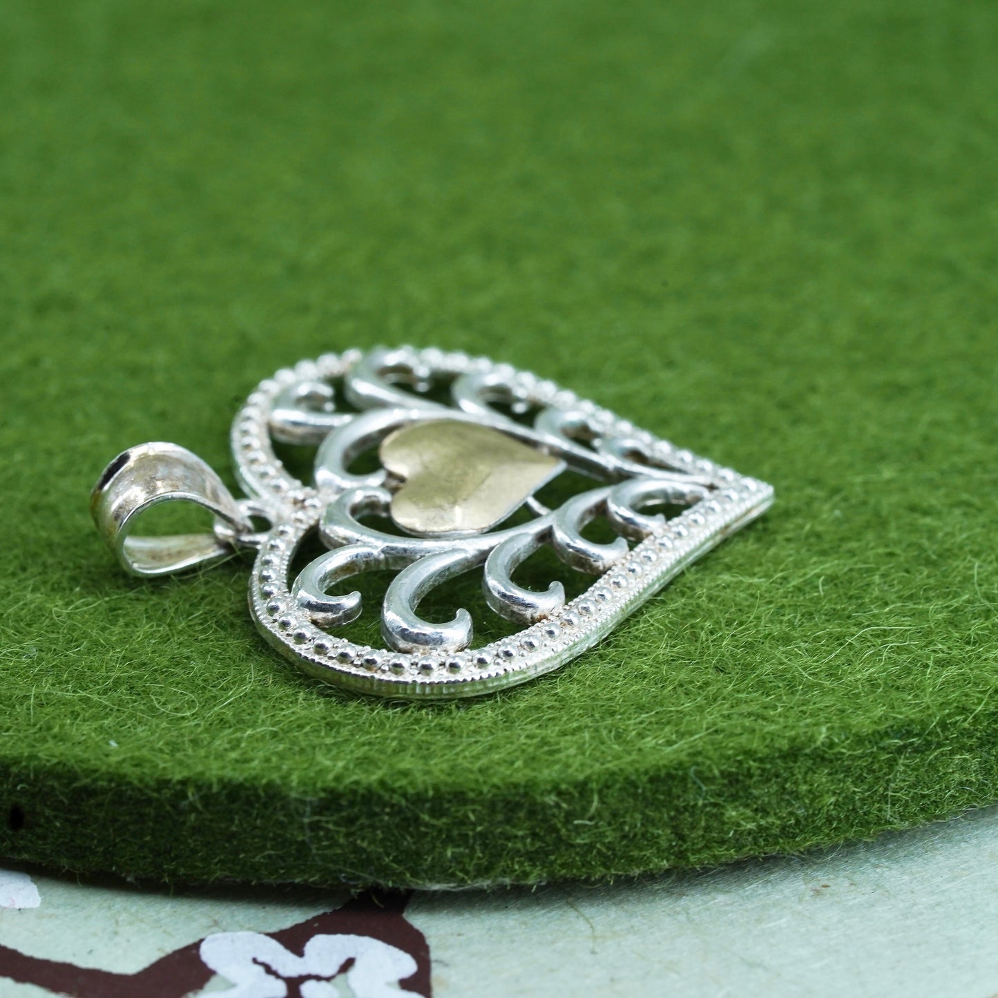 sterling silver handmade pendant, 10K yellow gold with 925 filigree heart charm