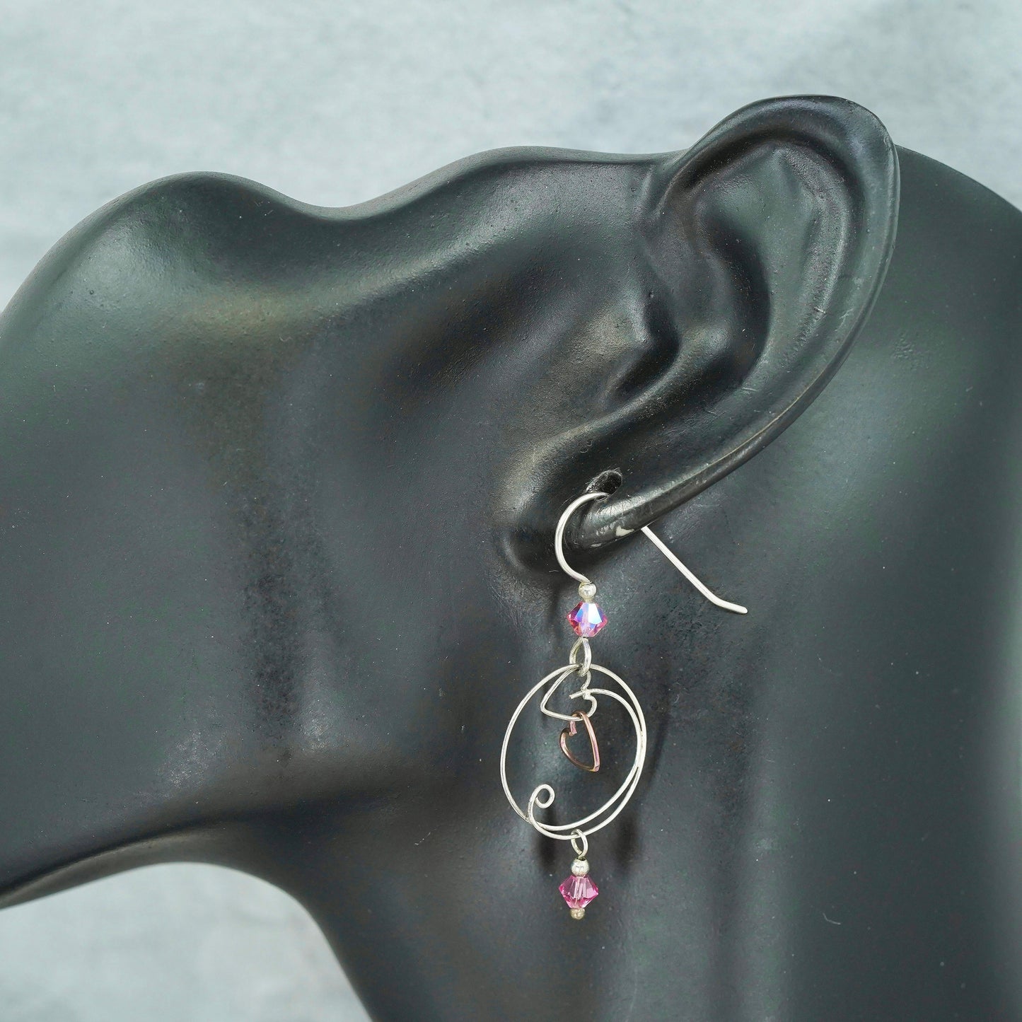 Vintage Sterling 925 silver handmade circle earrings with pink crystal