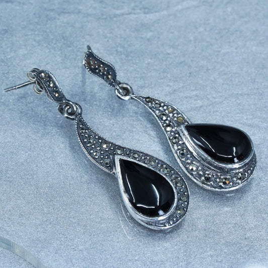 Vintage Sterling 925 silver handmade teardrop earrings with black onyx marcaiste