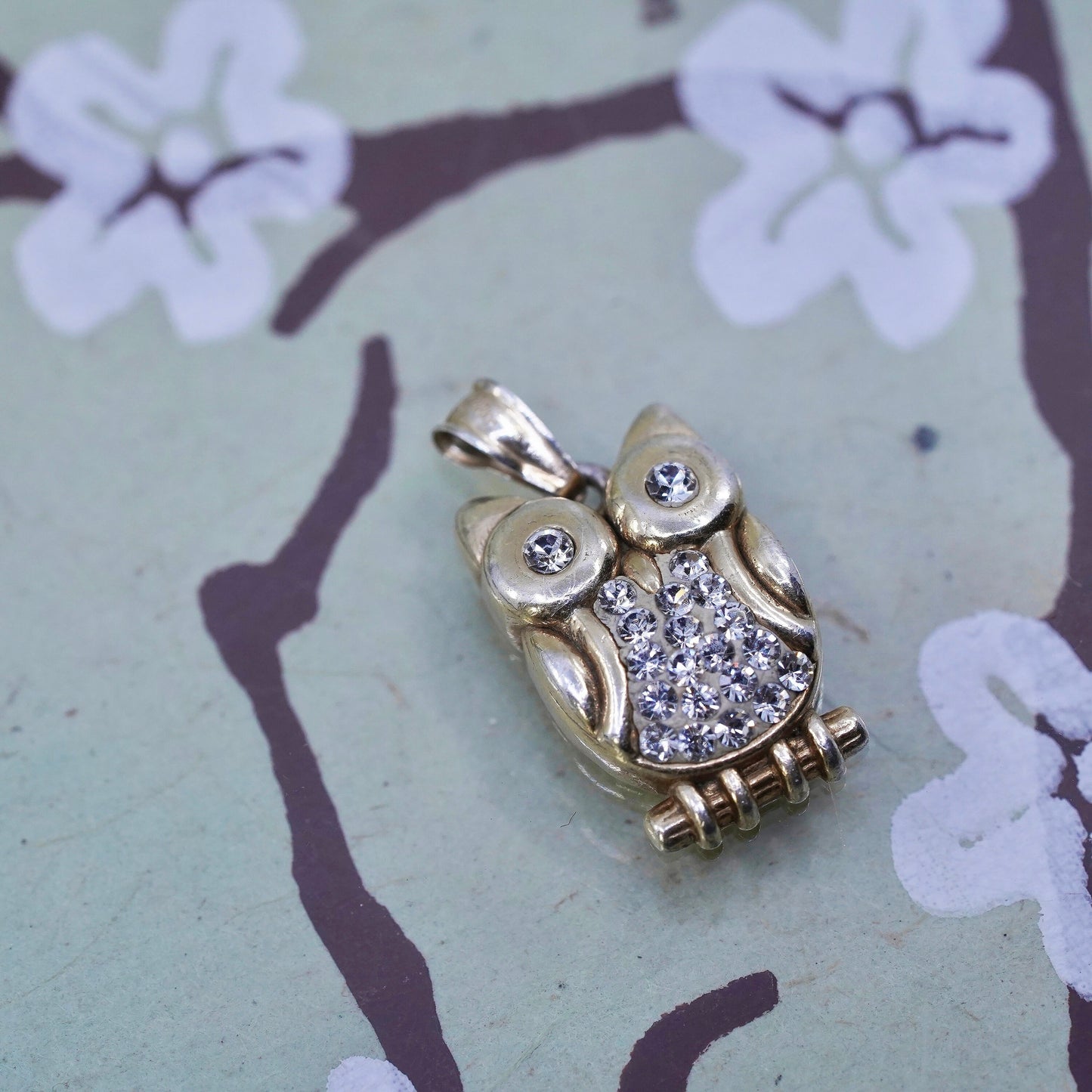 Vintage yellow gold over sterling 925 silver owl pendant with cluster crystal