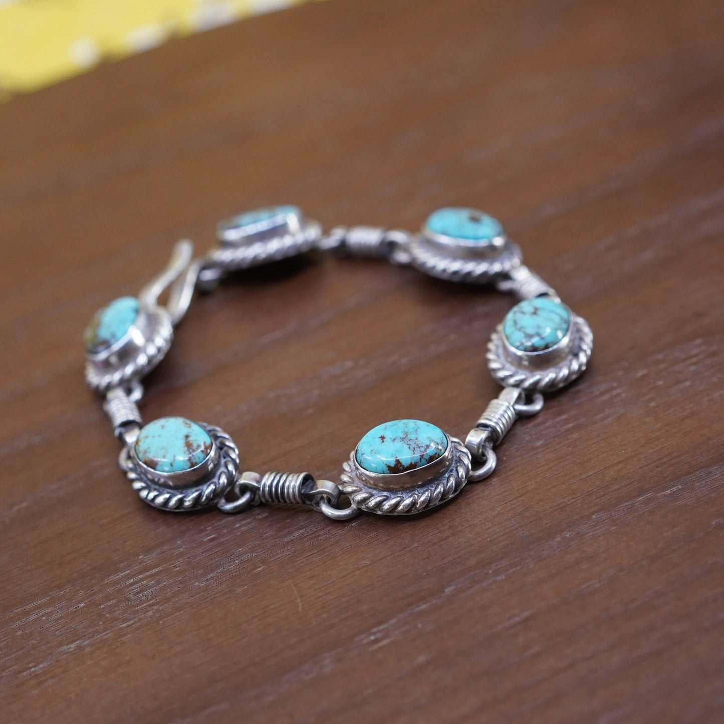 7.5”, southwestern Sterling 925 silver bracelet spiderwebbed turquoise cable