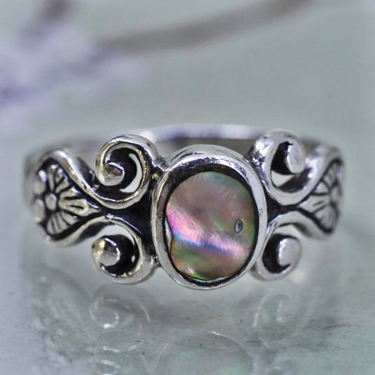 Size 8, Vintage sterling 925 silver handmade ring with oval abalone