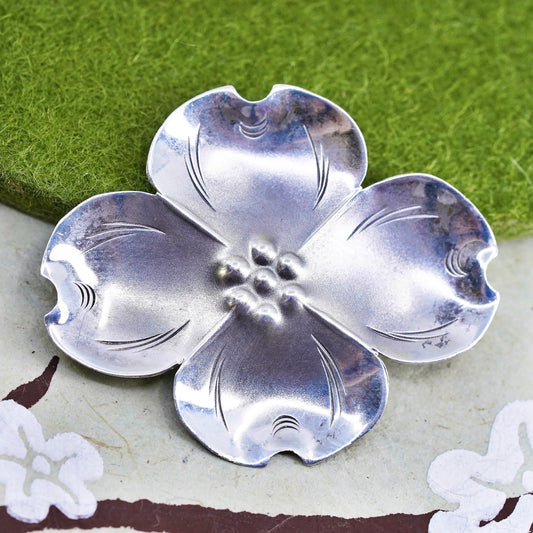 Vintage sterling silver dogwood flower shaped brooch, fine 925 silver brooch