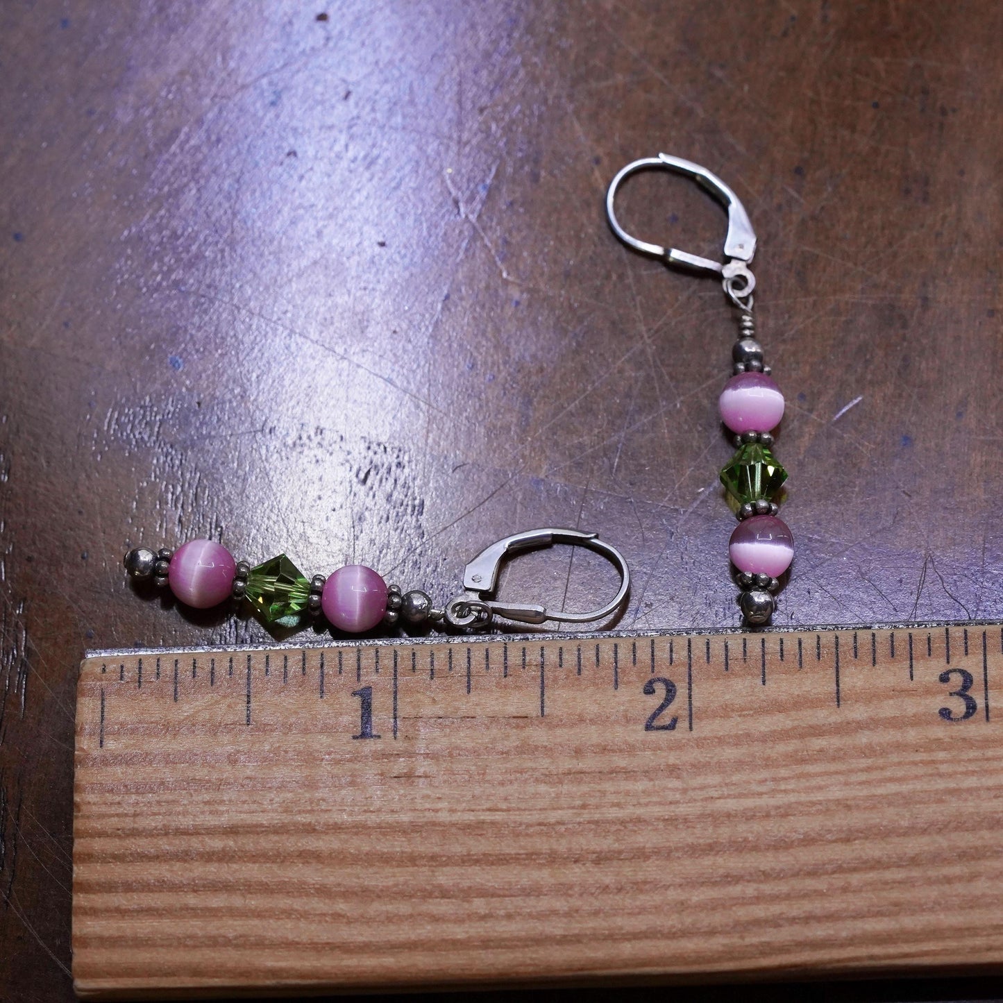 Vintage Sterling 925 silver handmade earrings with pink green cats eye beads