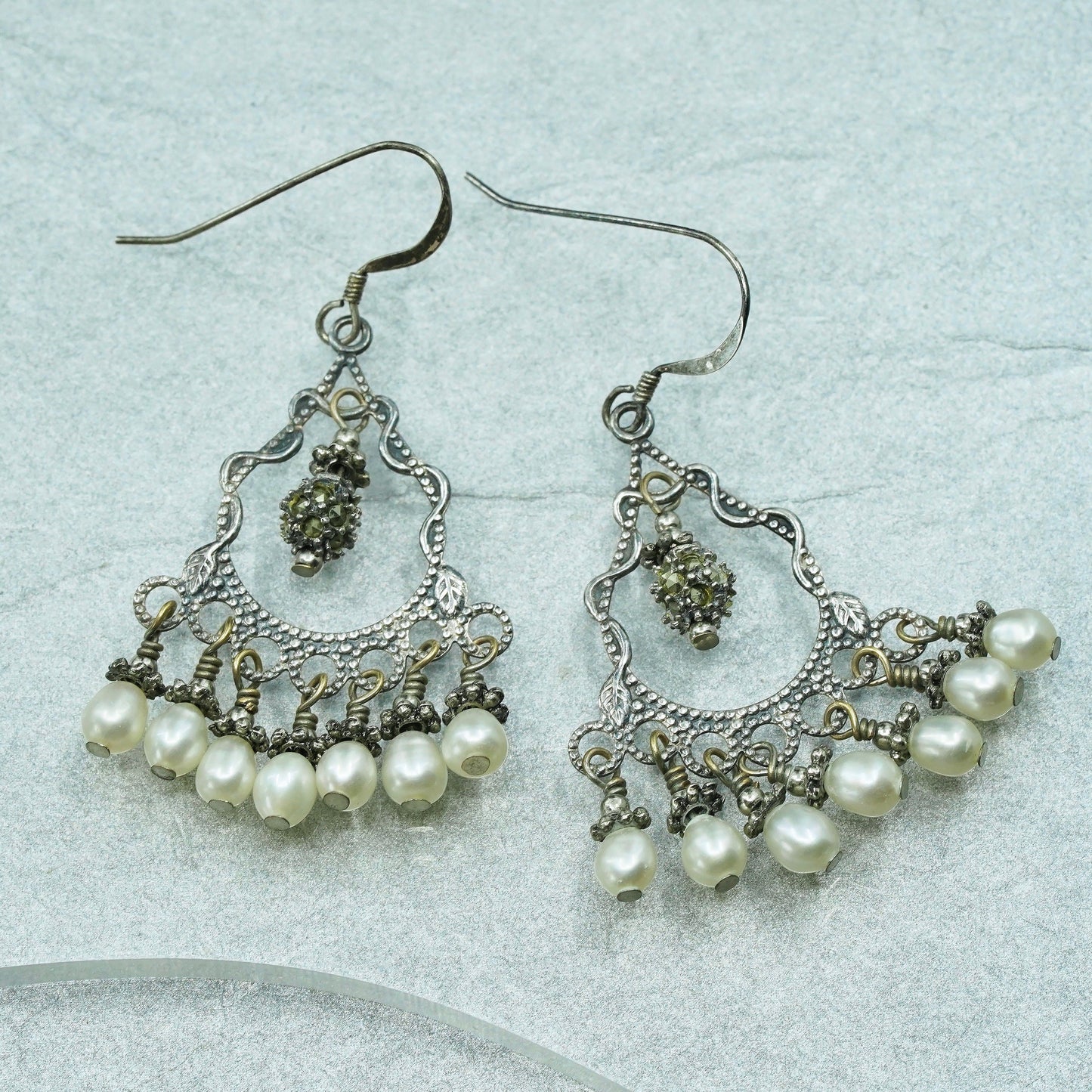 Vintage Sterling 925 silver handmade filigree earrings with cluster pearl