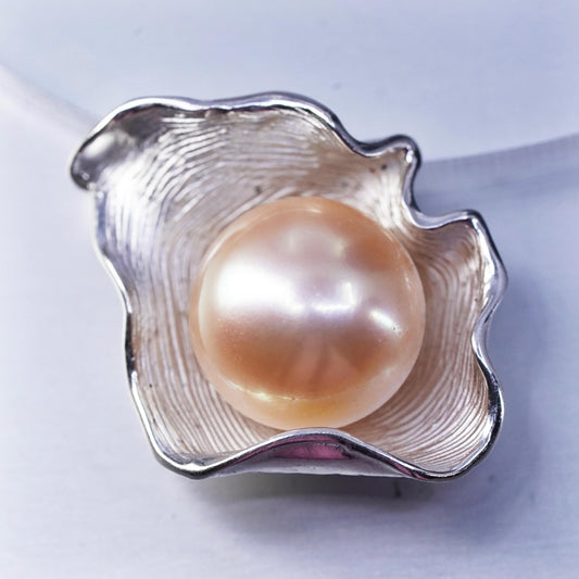 Vintage sterling 925 silver handmade leafy pendant with 13mm orange pearl