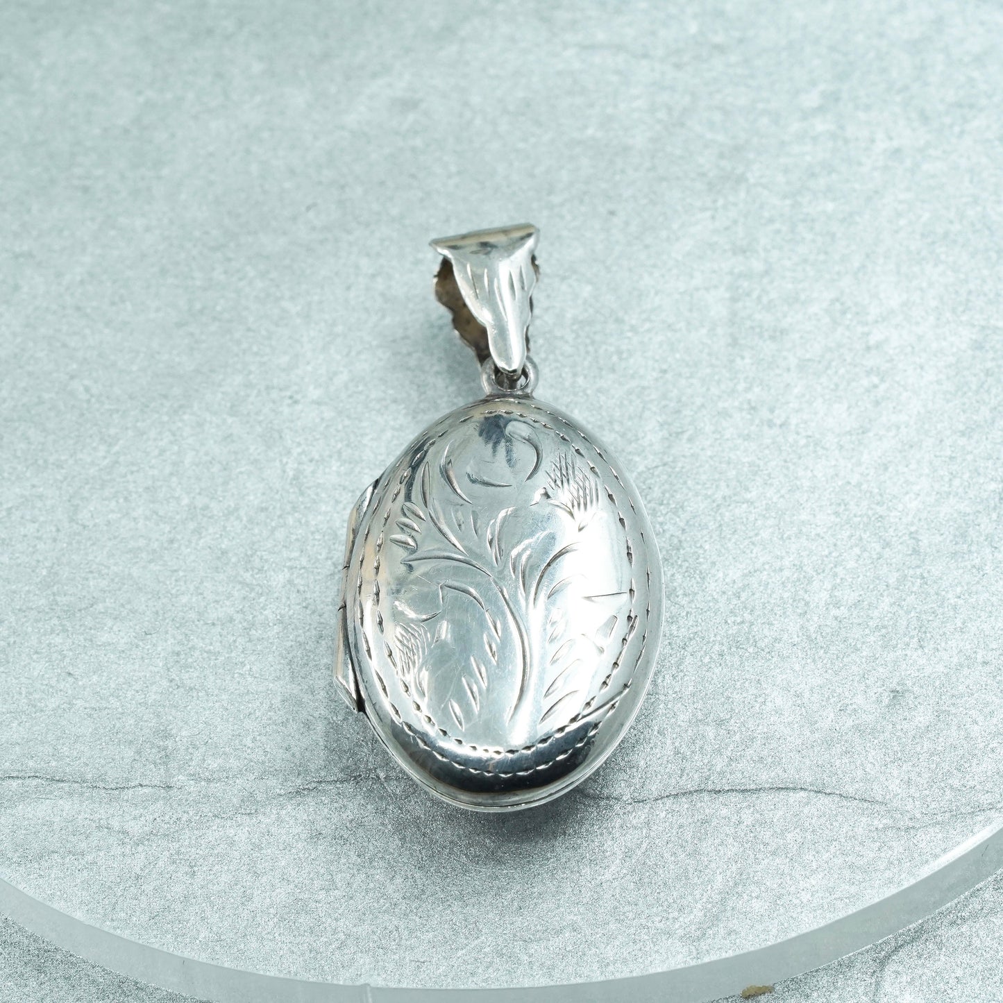Sterling silver pendant charm, textured 925 oval floral two photos locket