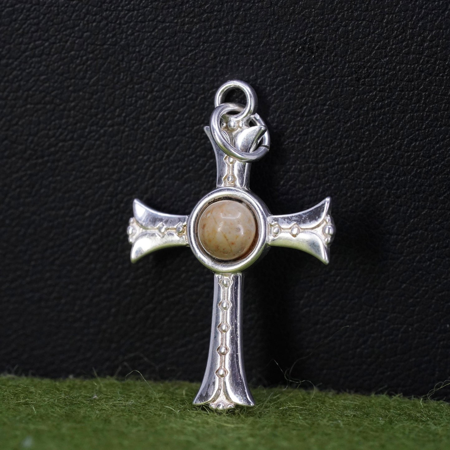 Vintage Sterling silver handmade charm, 925 Jerusalem cross pendant with Jasper