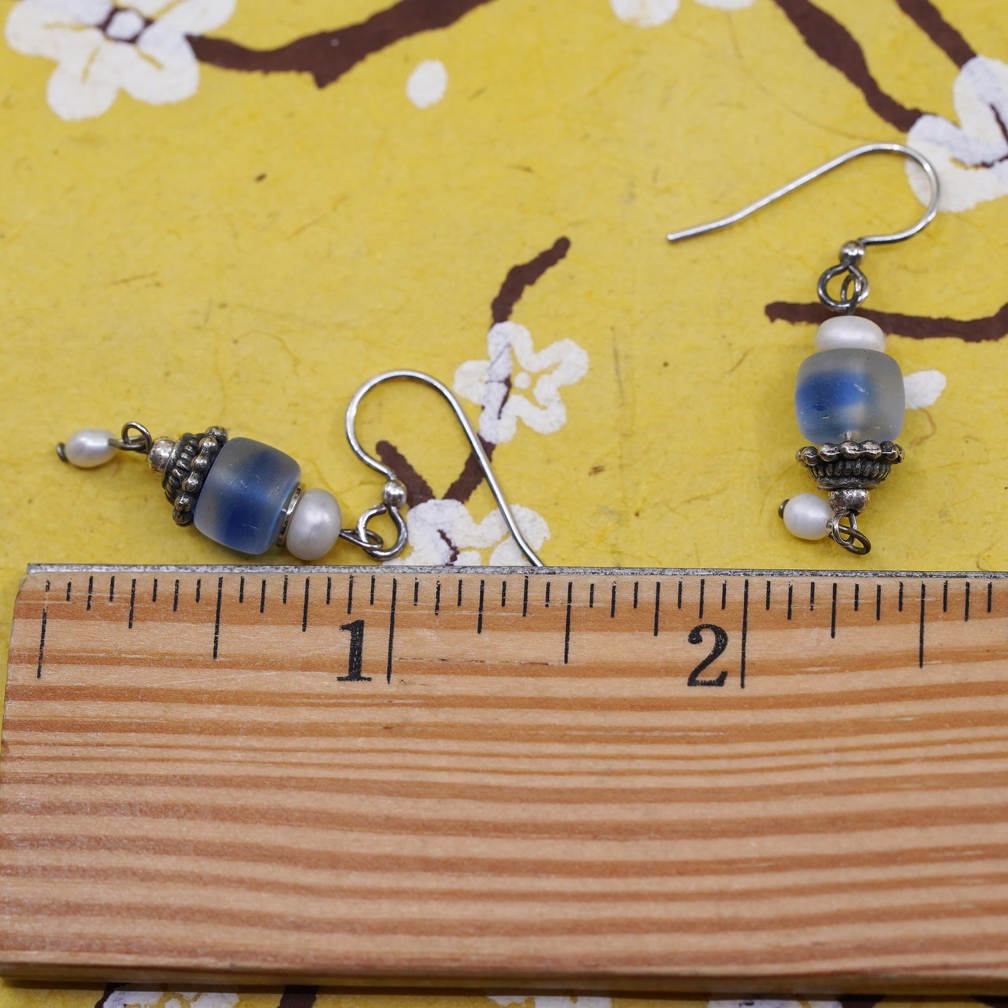 Vintage sterling 925 silver handmade earrings with pearl and blue glass bead