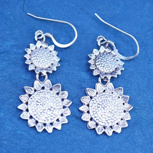 Vintage sterling silver handmade earrings, 925 sunflower flower dangles