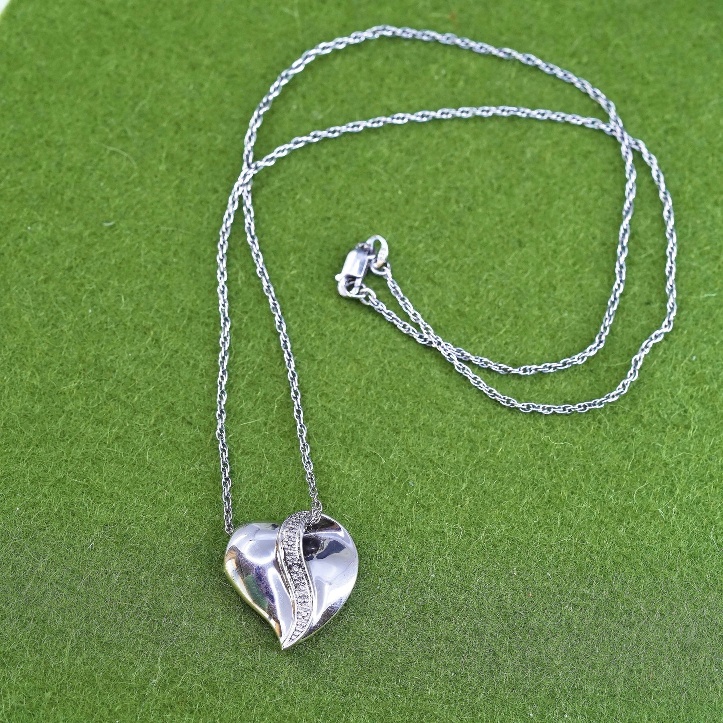 18”, Vintage Sterling 925 silver circle chain necklace Diamond Heart Pendant