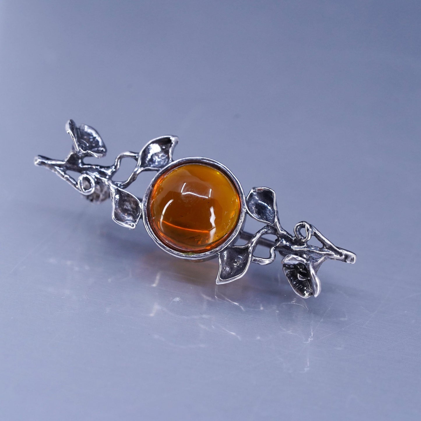 Vintage Sterling 925 silver handmade brooch, leaves vine pin with amber