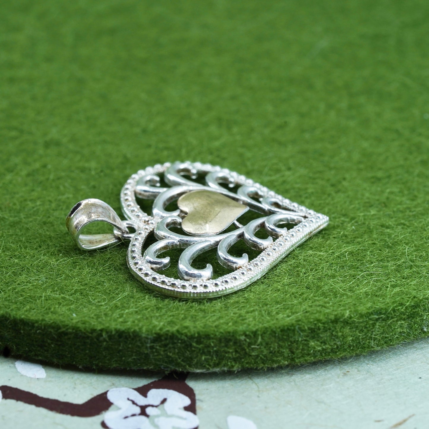 sterling silver handmade pendant, 10K yellow gold with 925 filigree heart charm