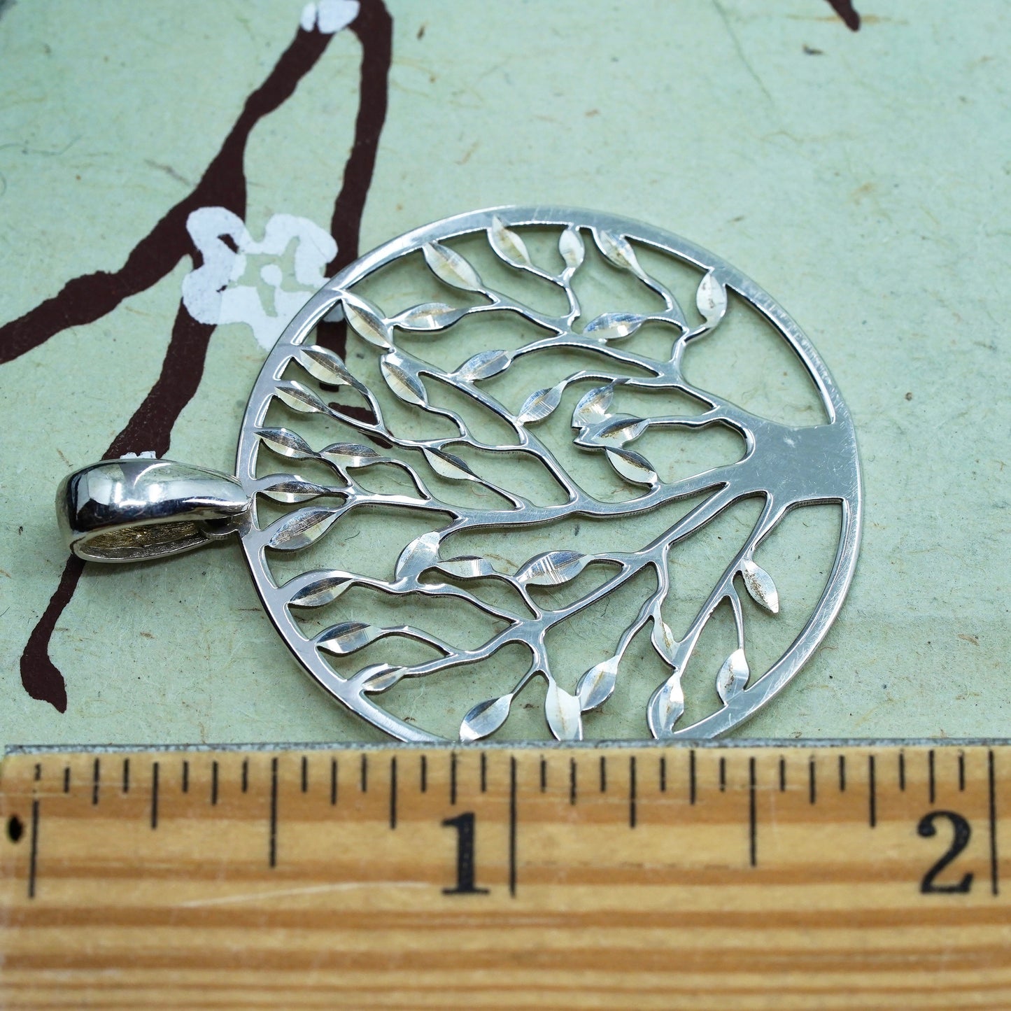 Vintage sterling silver handmade pendant, 925 filigree family tree tag charm