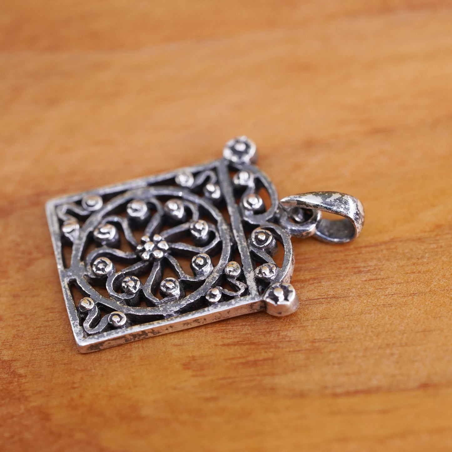 Vintage Sterling 925 silver handmade pendant, filigree square pendant