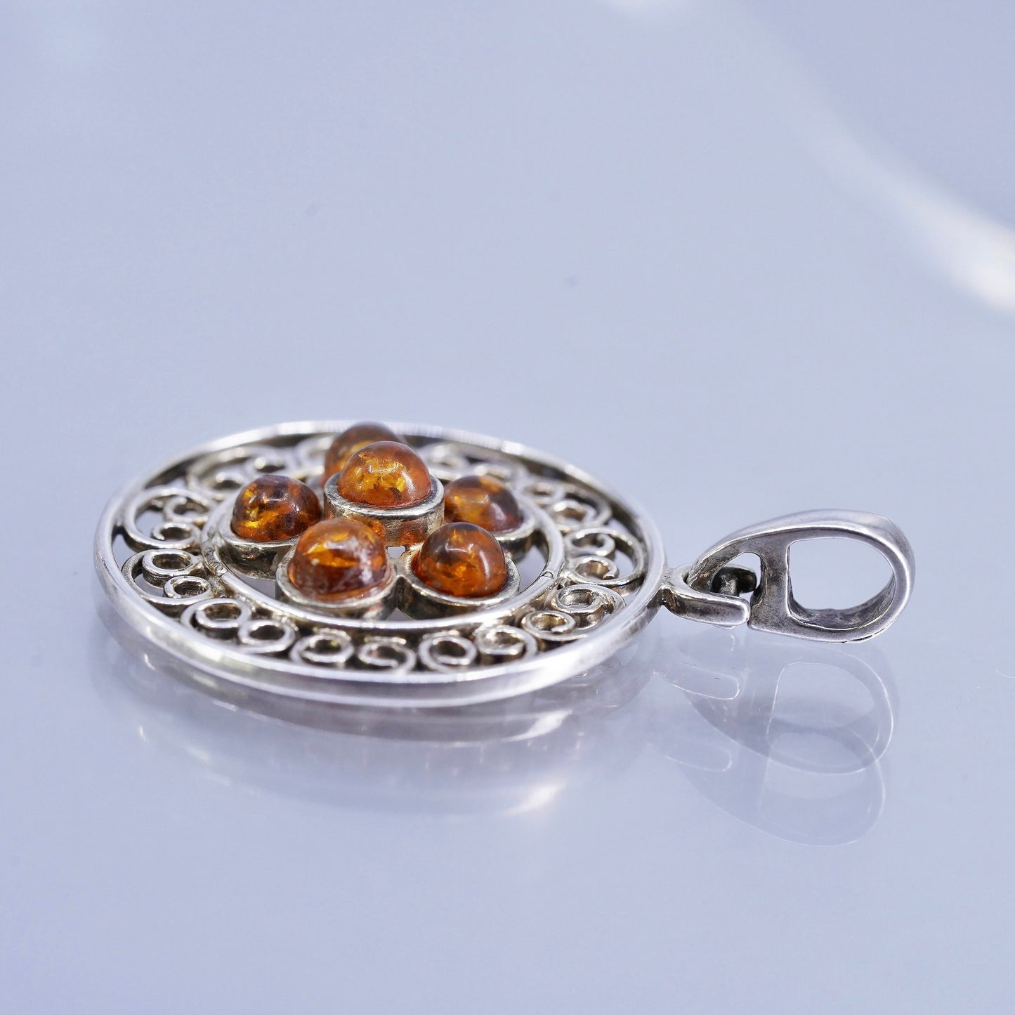 Vintage sterling 925 silver handmade filigree circle pendant with amber