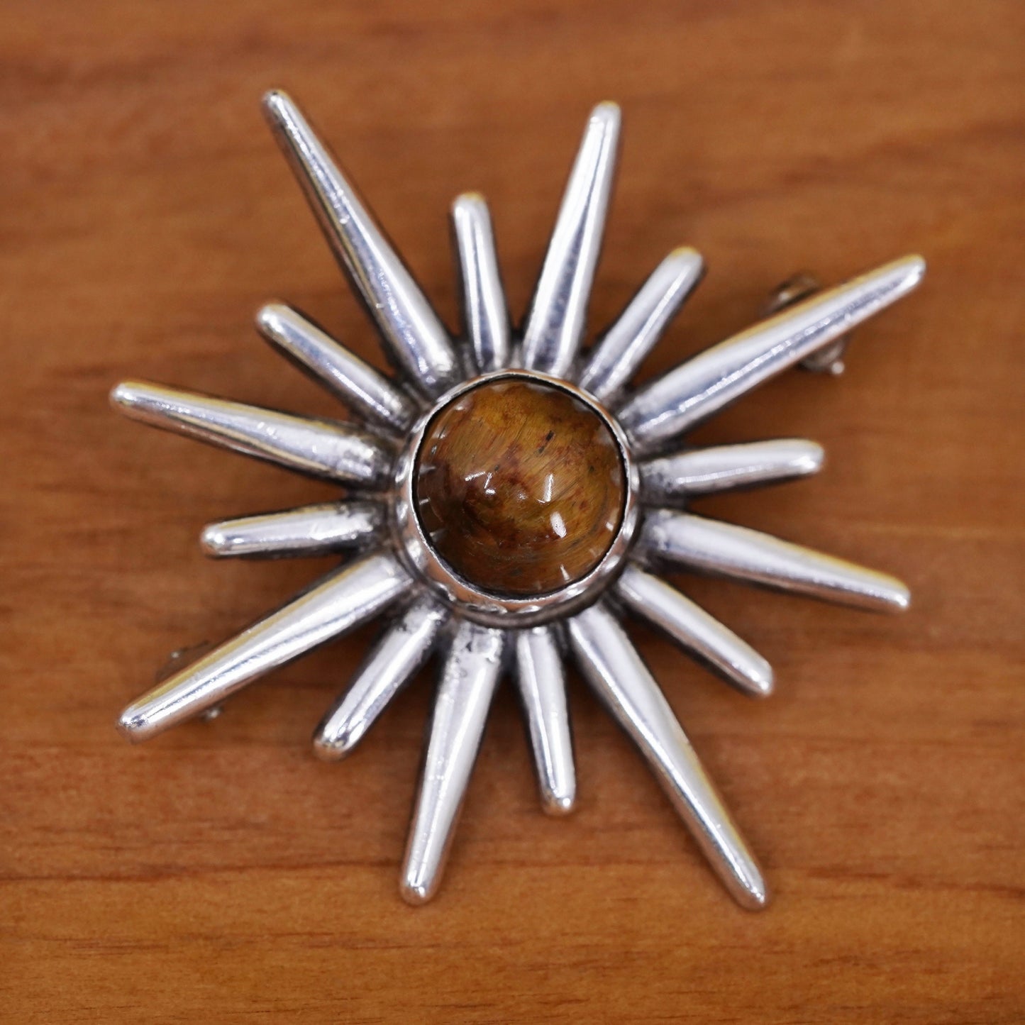 Mexican handmade sterling 925 silver sun shaped brooch with golden tiger eye