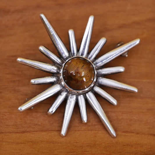 Mexican handmade sterling 925 silver sun shaped brooch with golden tiger eye