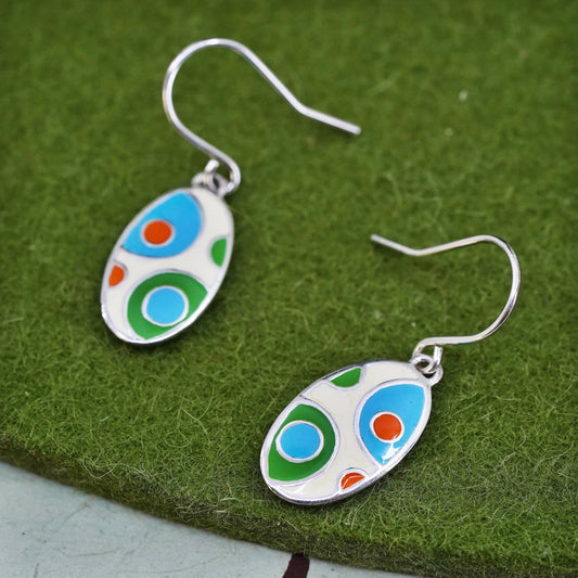 Vintage sterling silver handmade earrings, 925 oval with colorful enamel