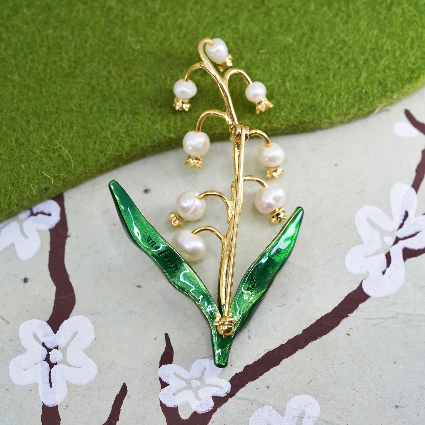 Lily of Valley Pearl Brooch, MMA FFB Sterling silver 925 vermeil Gold Enamel