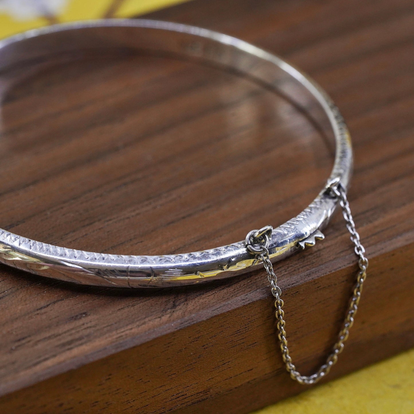 7.5", Vintage Sterling silver bracelet, textured 925 hinged bangle secure chain