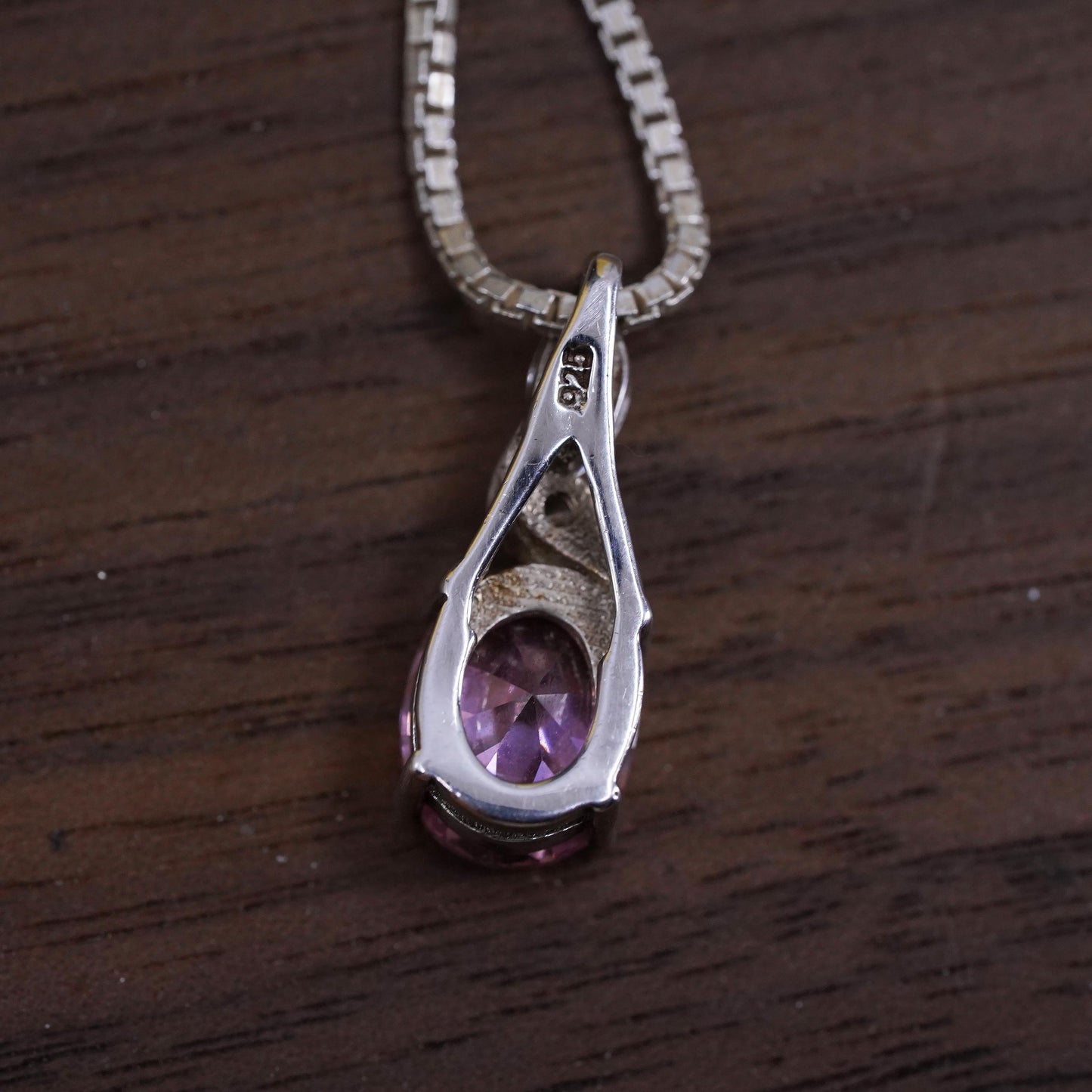 18", Sterling silver necklace, 925 box chain with pink crystal oval pendant