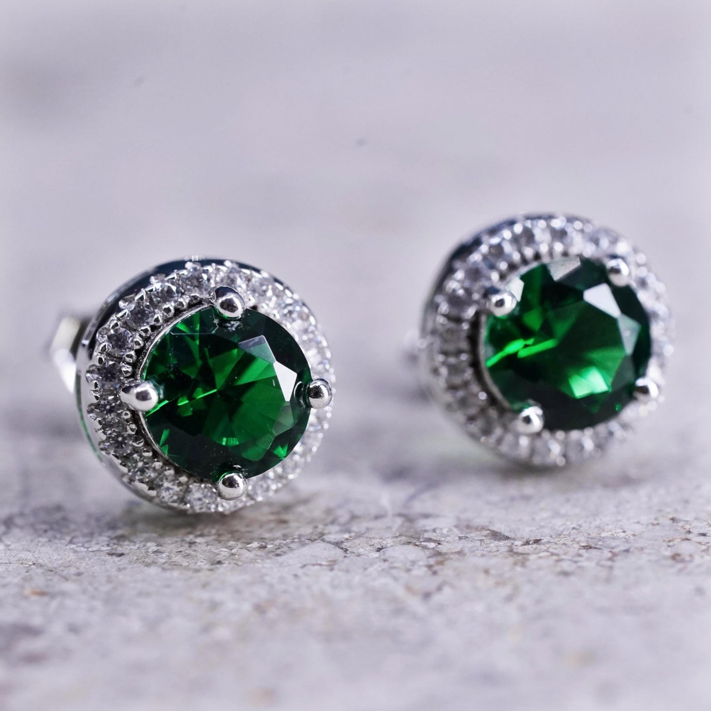 Vintage sterling silver handmade earrings, 925 studs with emerald and diamond