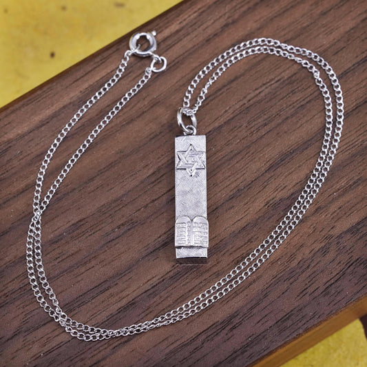 16", Sterling silver necklace, solid 925 curb Hebrew bible tube pendant