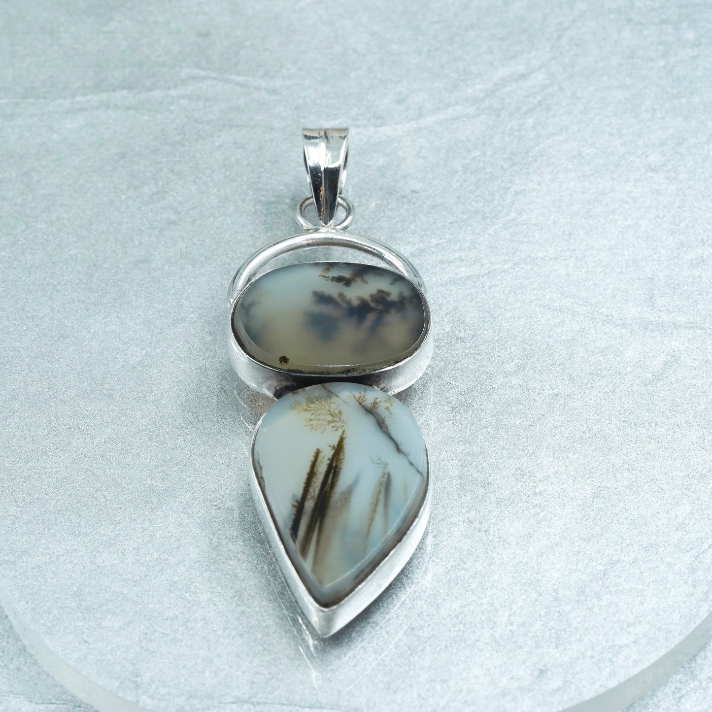 Vintage sterling 925 silver handmade pendant with teardrop dendritic agate