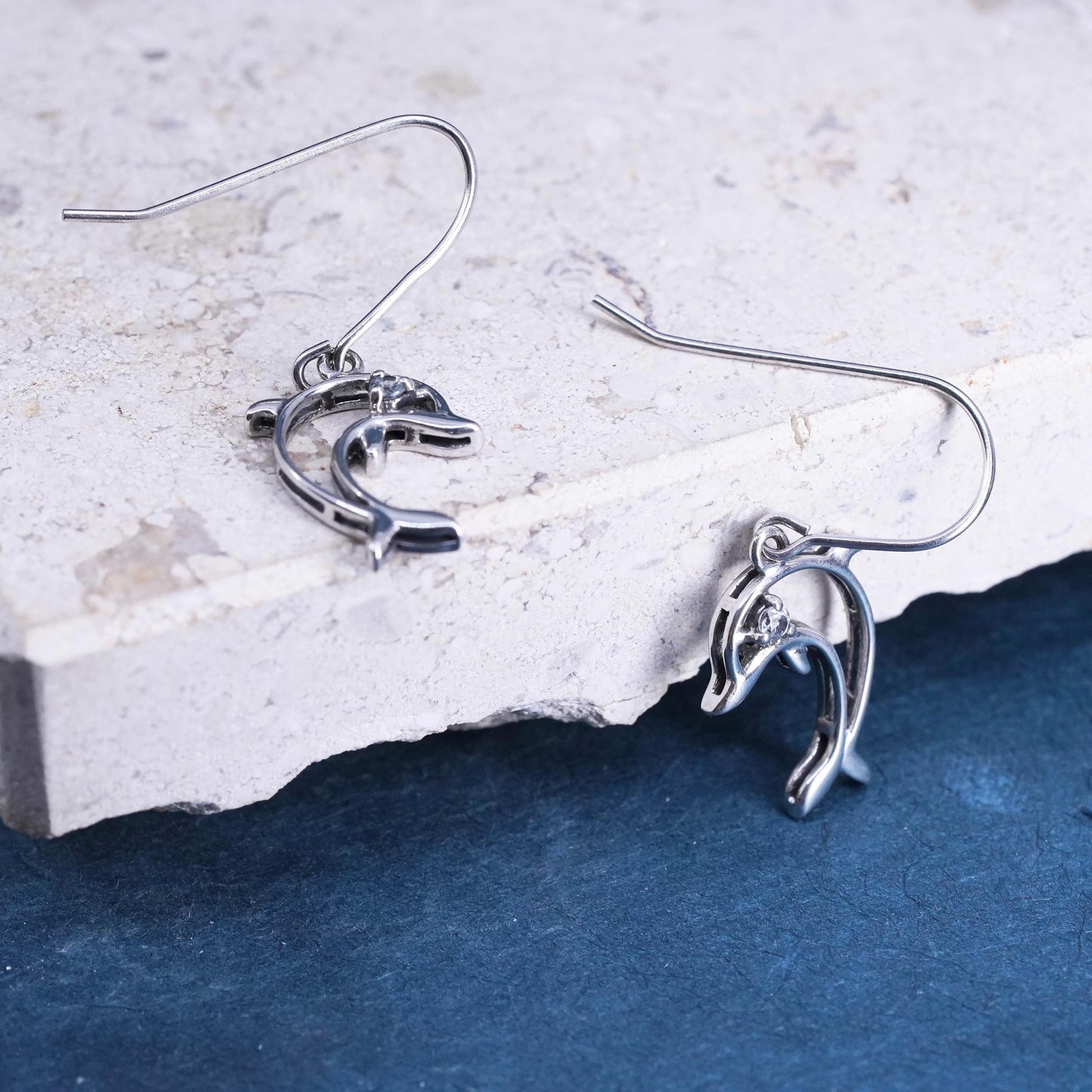 Vintage sterling silver dolphin earrings, 925 silver dolphin with cz