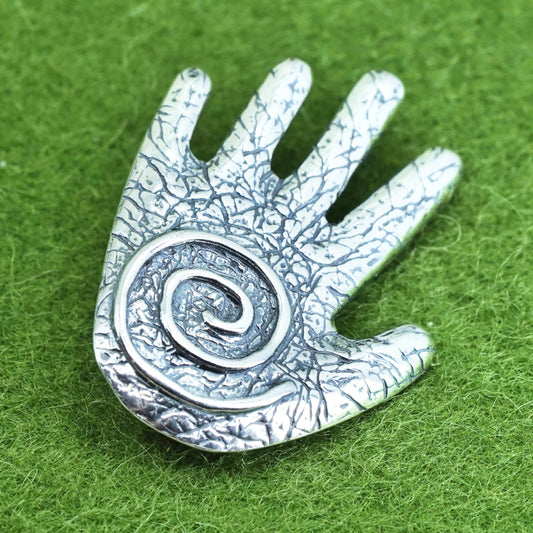 Sterling silver handmade brooch, 925 spiral hand healing and protection pendant