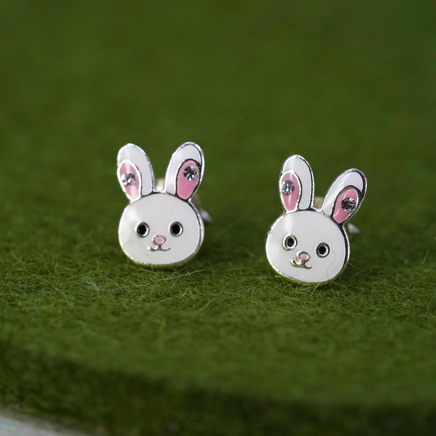 Vintage Sterling silver handmade earrings, 925 enamel bunny rabbit studs