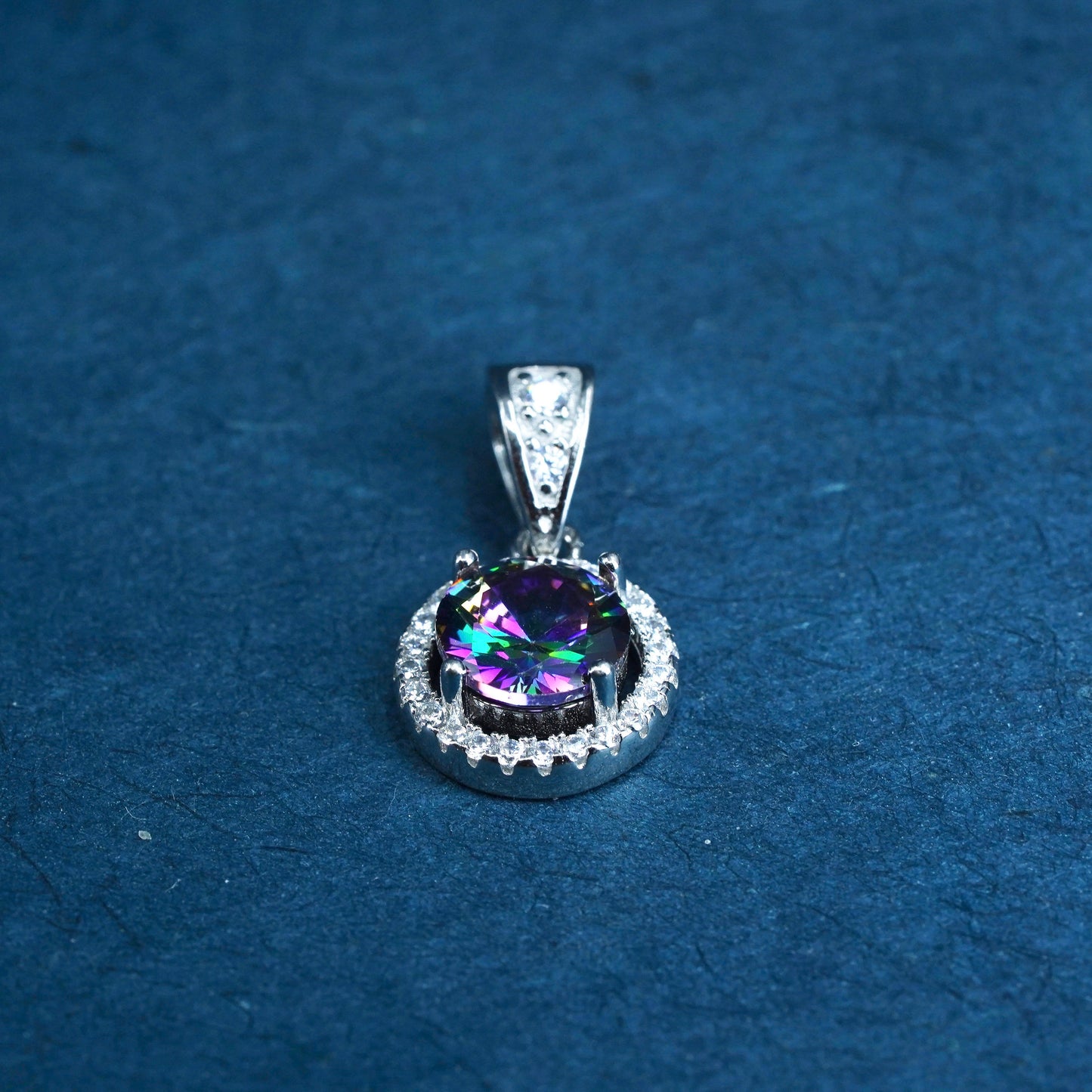 Vintage sterling 925 silver pendant with rainbow topaz and cz around