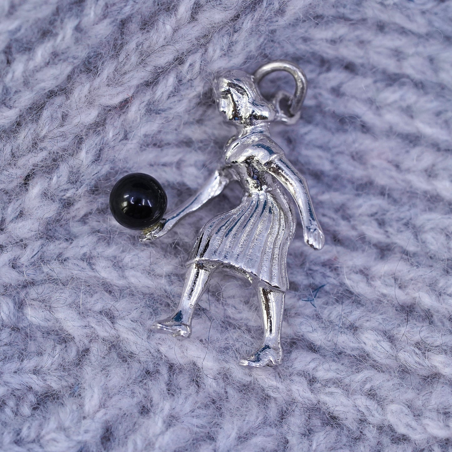 Vintage Sterling silver handmade pendant, 925 bowling girl figure charm