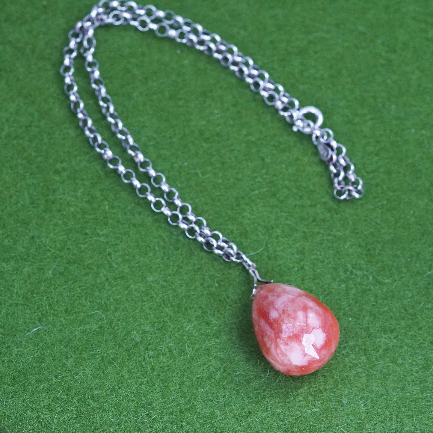 13", sterling 925 silver necklace, circle chain rose pink teardrop pendant