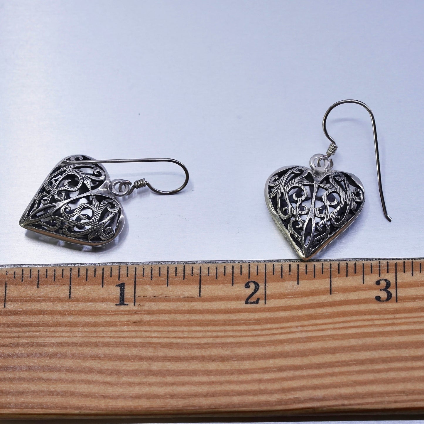 Vintage Sterling 925 silver handmade filigree puffy heart earrings