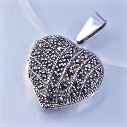 Vintage sterling silver heart charm pendant, 925 photo locket with marcasite