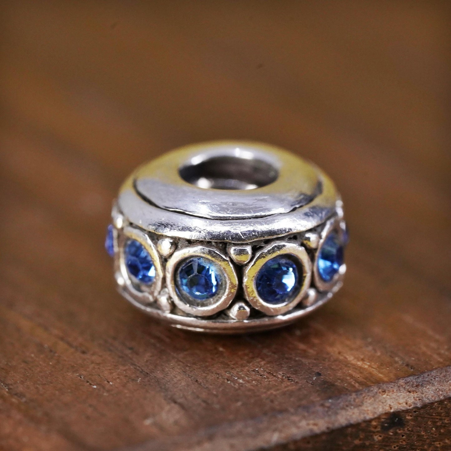 Vintage Sterling 925 silver handmade pendant bead charm with blue cz