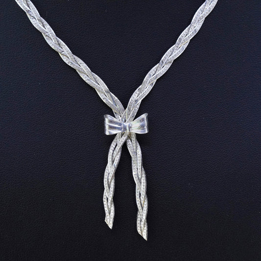 16" Sterling silver woven herringbone chain, Italy 925 necklace ribbon pendant