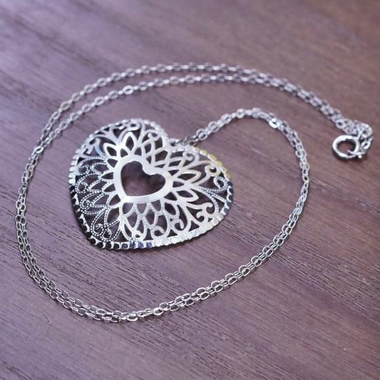 18”, vintage sterling 925 Silver box chain necklace with filigree heart pendant