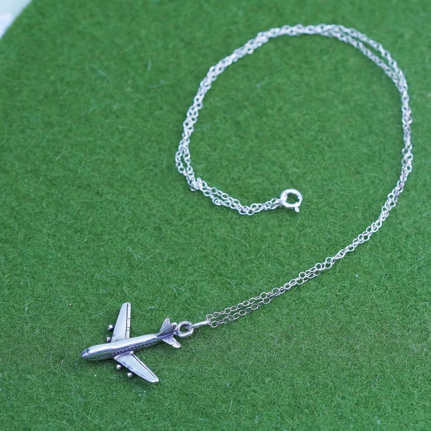 16", vintage sterling silver handmade necklace, 925 circle chain airplane charm